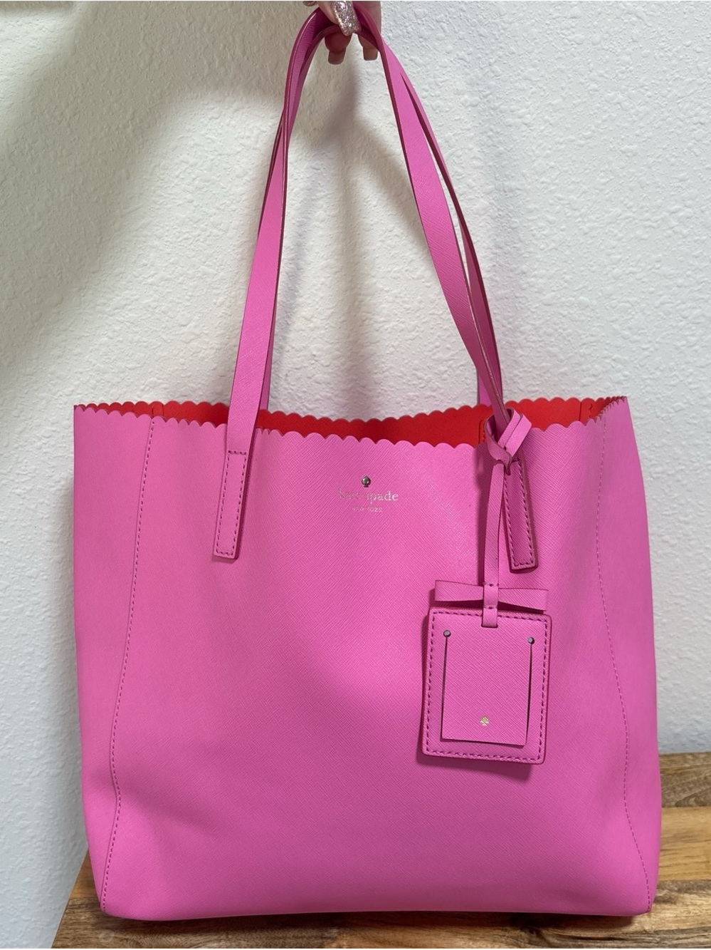 Kate Spade Pink Papaya Cape Drive Tote Saffiano Leather Scalloped Edge